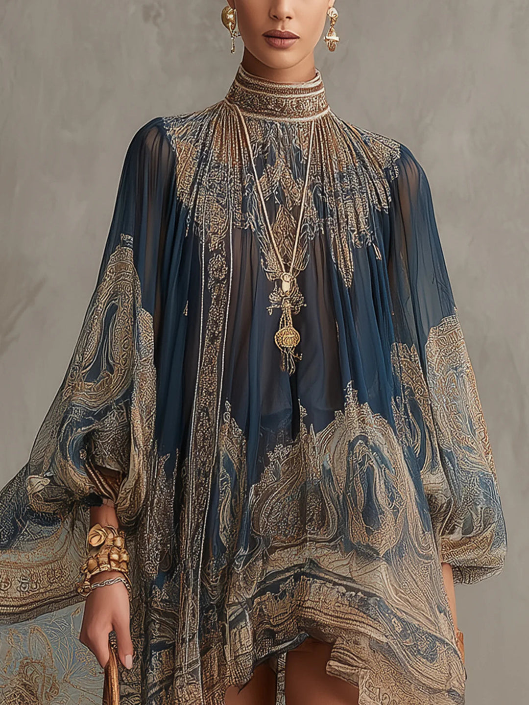 Irregular Chiffon Mini Dress with High Neck and Navy Blue Baroque Print
