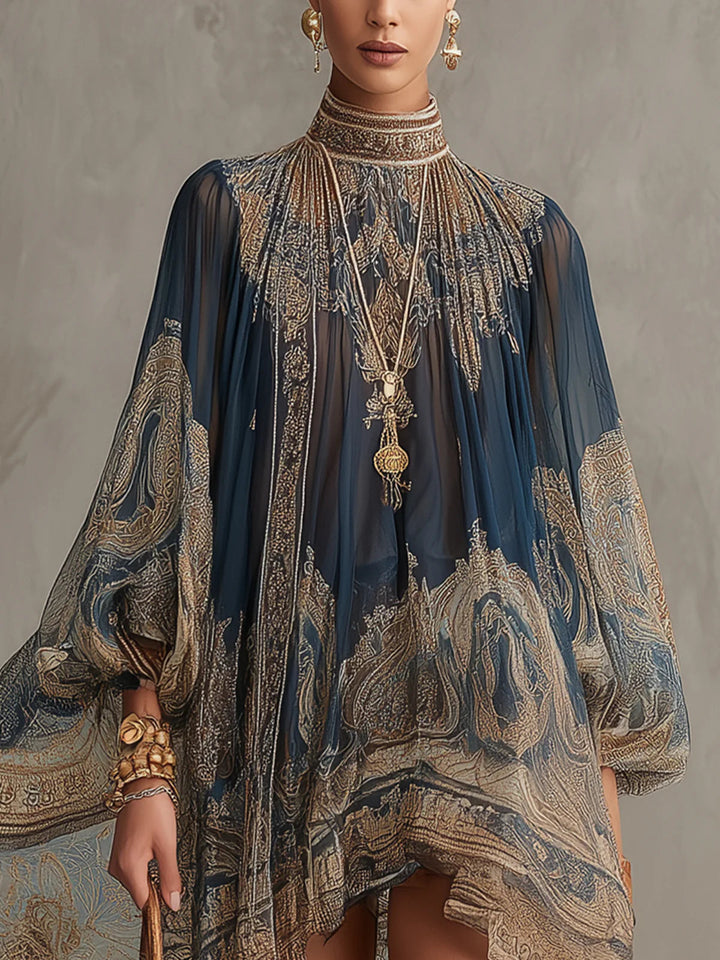 Irregular Chiffon Mini Dress with High Neck and Navy Blue Baroque Print
