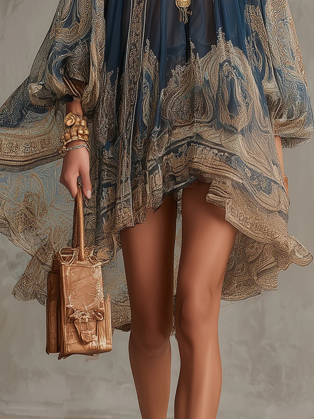 Irregular Chiffon Mini Dress with High Neck and Navy Blue Baroque Print