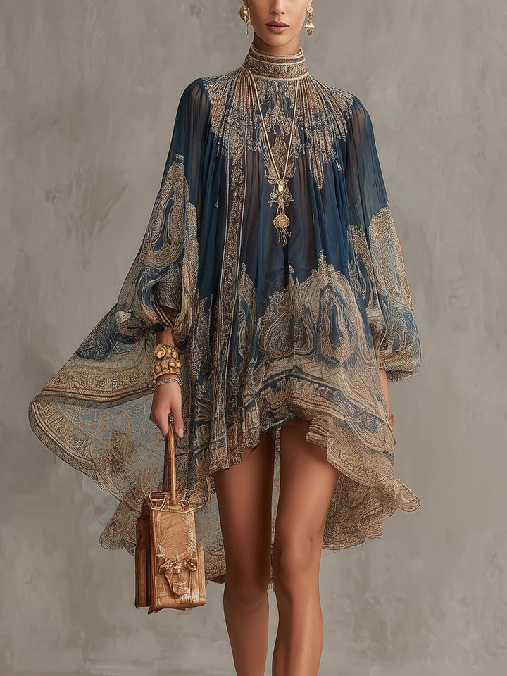 Irregular Chiffon Mini Dress with High Neck and Navy Blue Baroque Print
