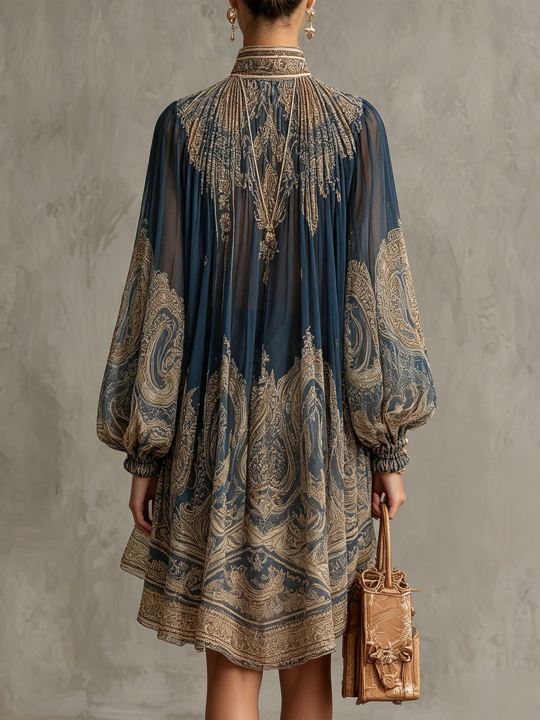 Irregular Chiffon Mini Dress with High Neck and Navy Blue Baroque Print