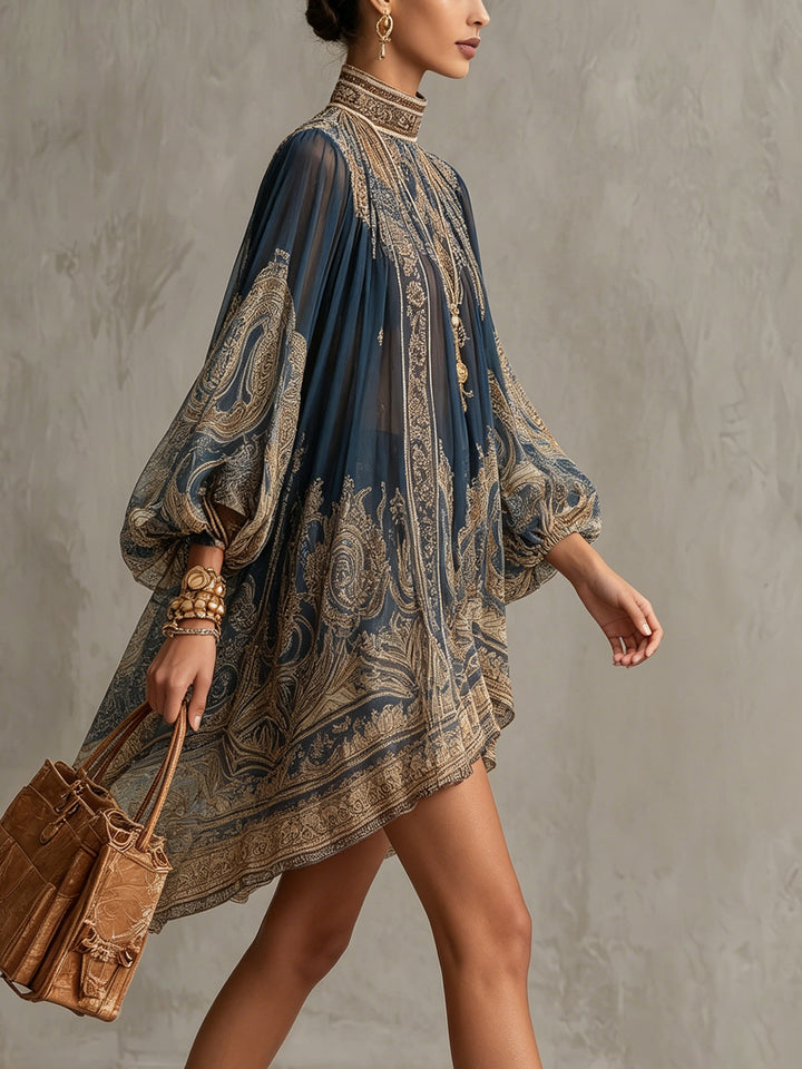 Irregular Chiffon Mini Dress with High Neck and Navy Blue Baroque Print