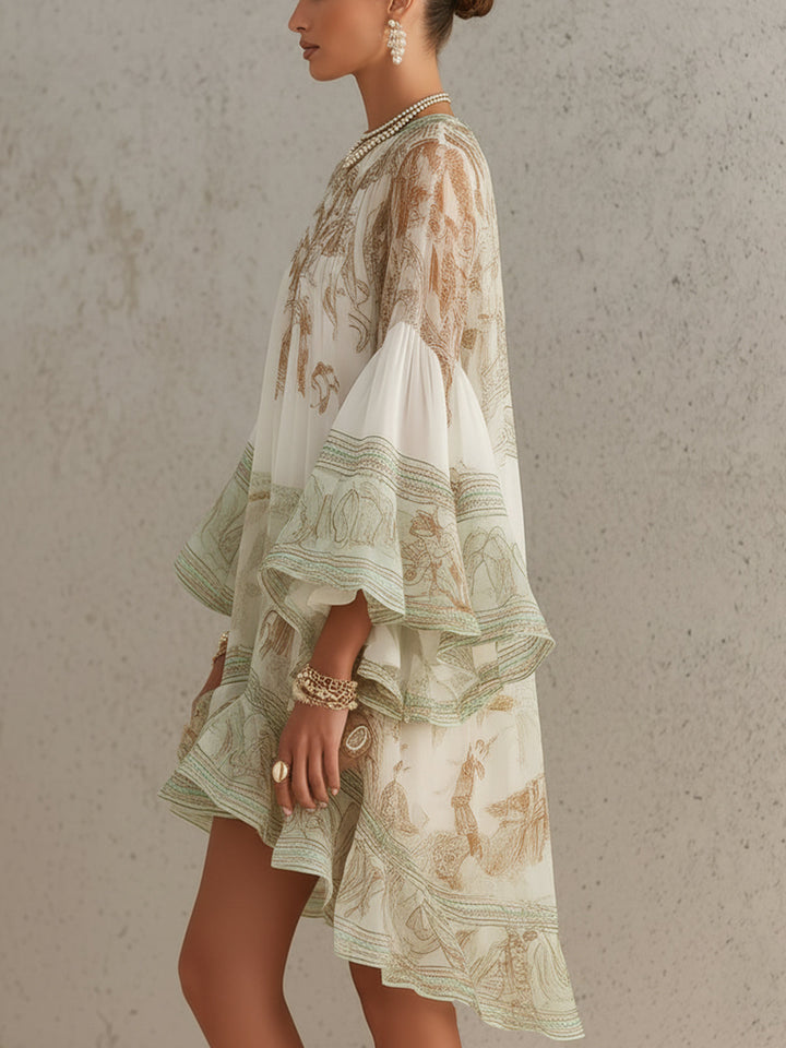 Mini Chiffon Dress with Stripes and Ruffled Sleeves in Green
