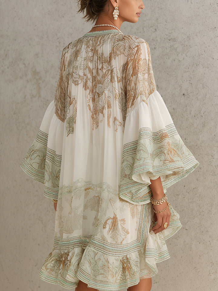 Mini Chiffon Dress with Stripes and Ruffled Sleeves in Green