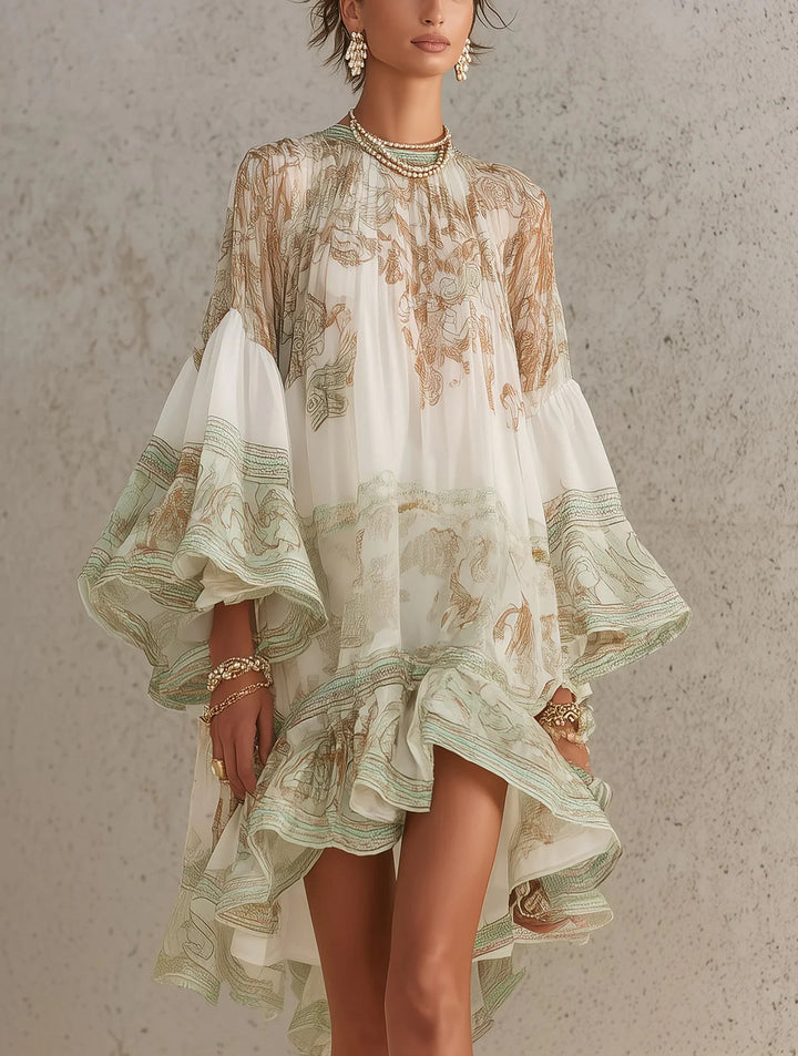 Mini Chiffon Dress with Stripes and Ruffled Sleeves in Green