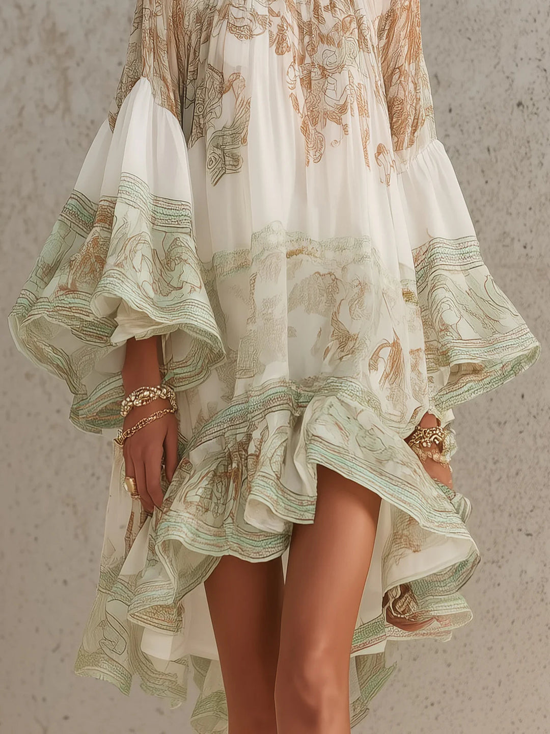 Mini Chiffon Dress with Stripes and Ruffled Sleeves in Green