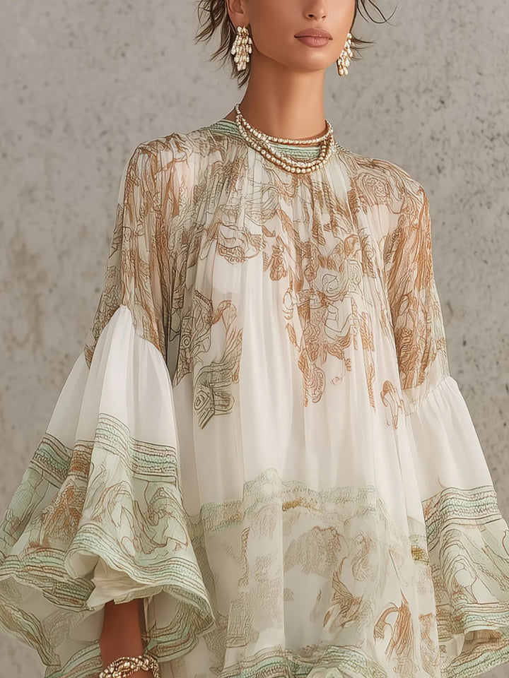 Mini Chiffon Dress with Stripes and Ruffled Sleeves in Green
