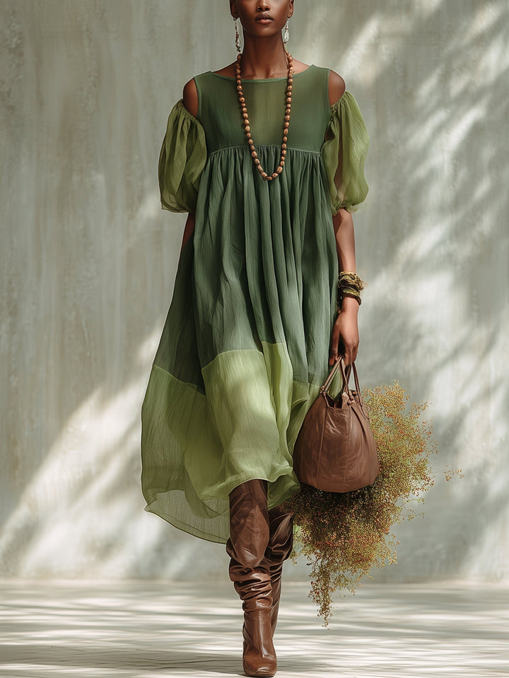 Green Chiffon Midi Dress with Off-Shoulder and Short Sleeves