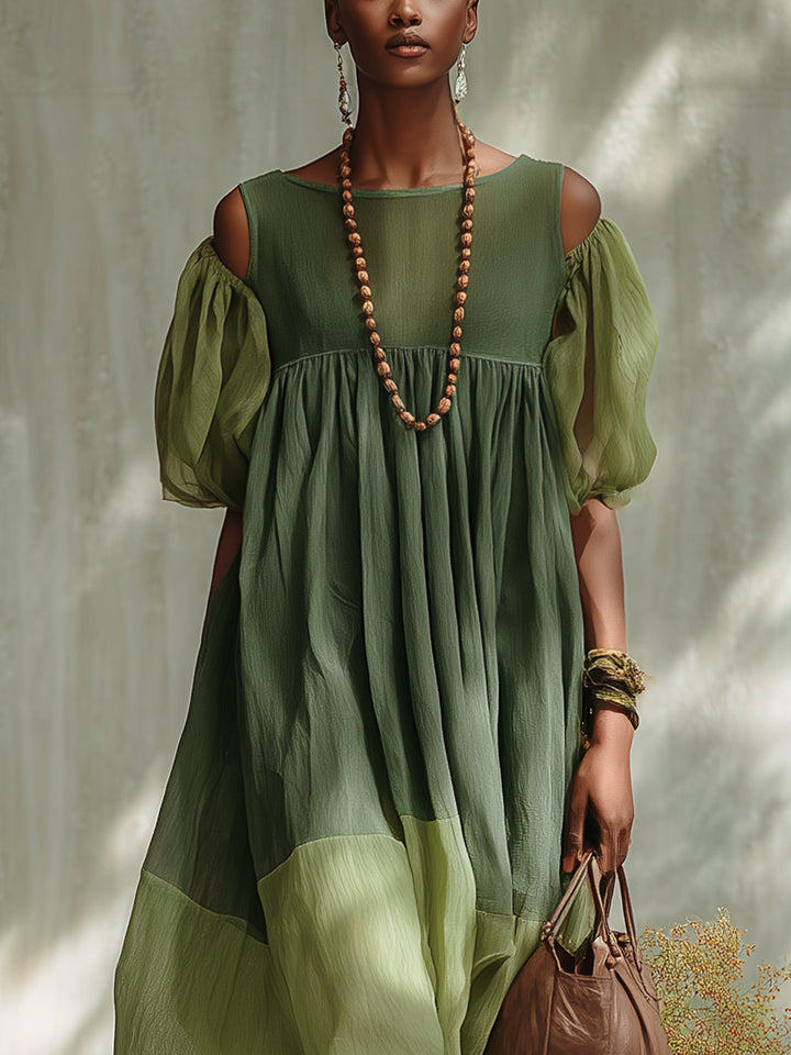 Green Chiffon Midi Dress with Off-Shoulder and Short Sleeves