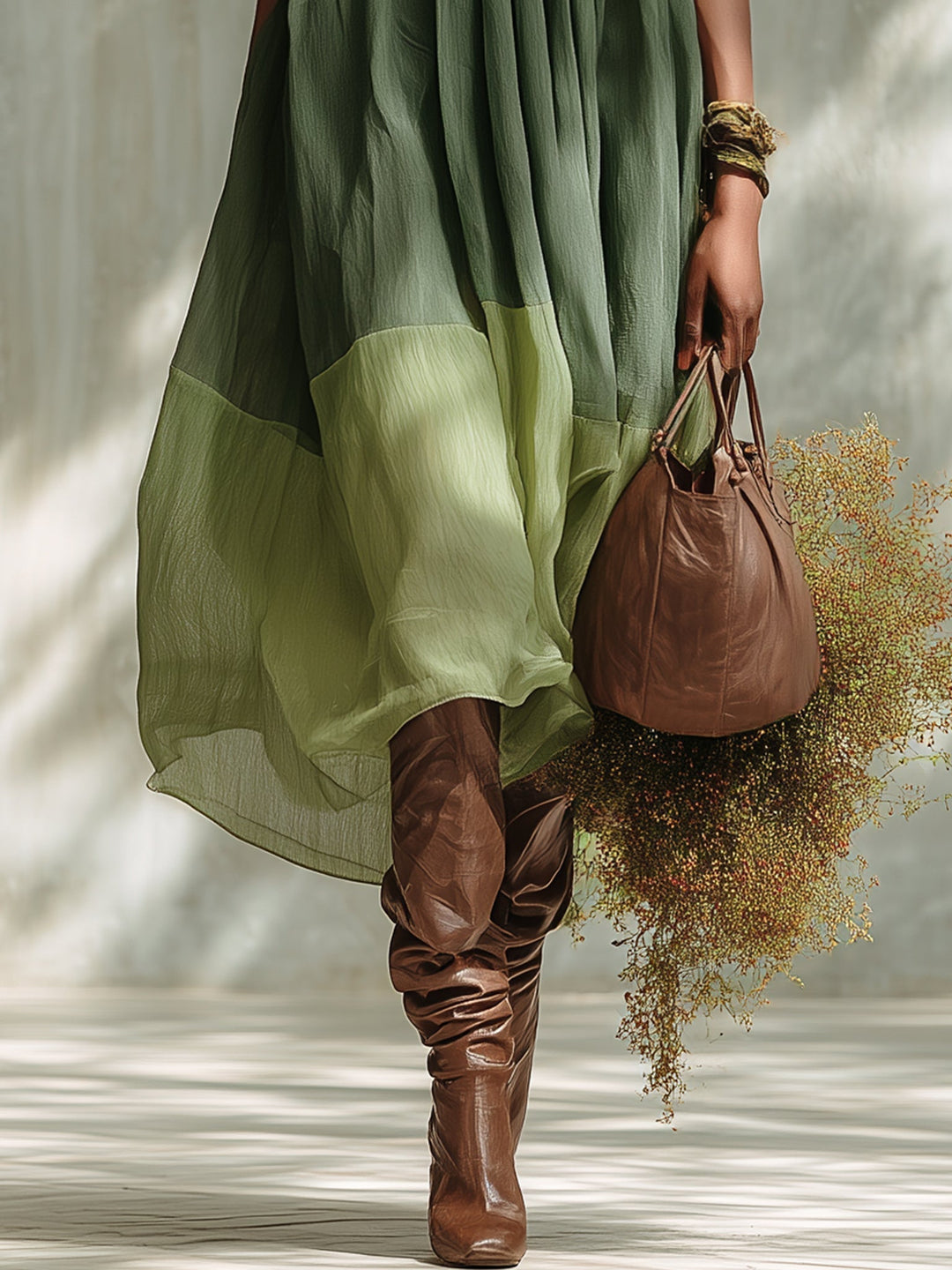 Green Chiffon Midi Dress with Off-Shoulder and Short Sleeves
