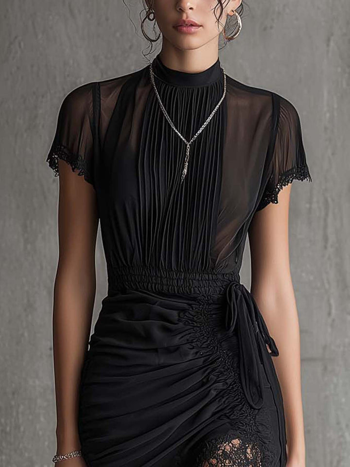 Black Chiffon Mini Dress with Pleated Waist and Lace Trim