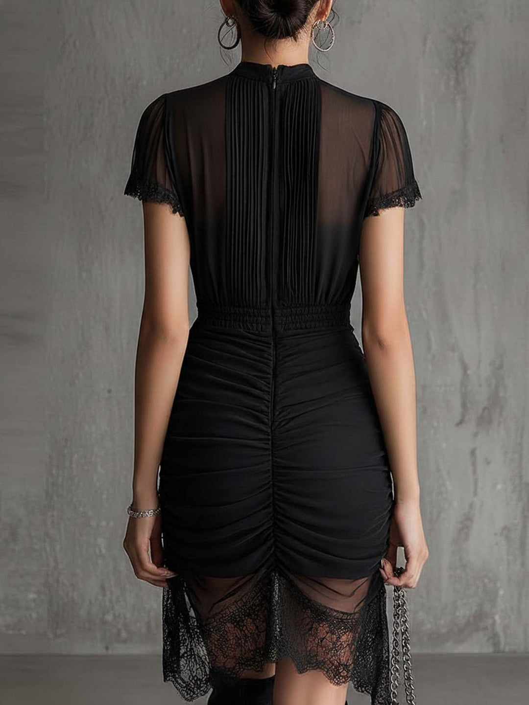 Black Chiffon Mini Dress with Pleated Waist and Lace Trim