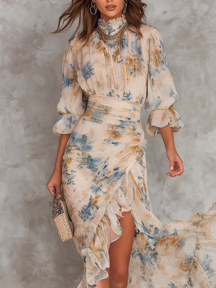 Irregular Chiffon Maxi Dress with Floral Print and High Neck Beige