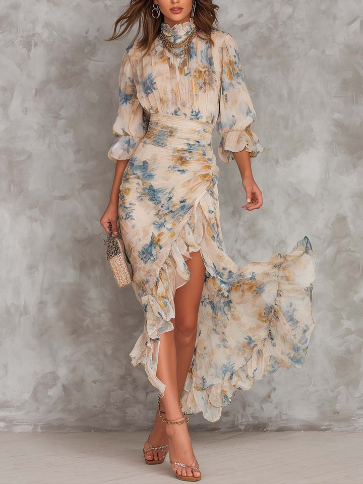 Irregular Chiffon Maxi Dress with Floral Print and High Neck Beige