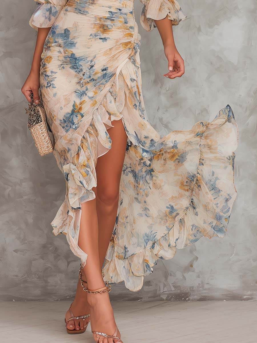 Irregular Chiffon Maxi Dress with Floral Print and High Neck Beige