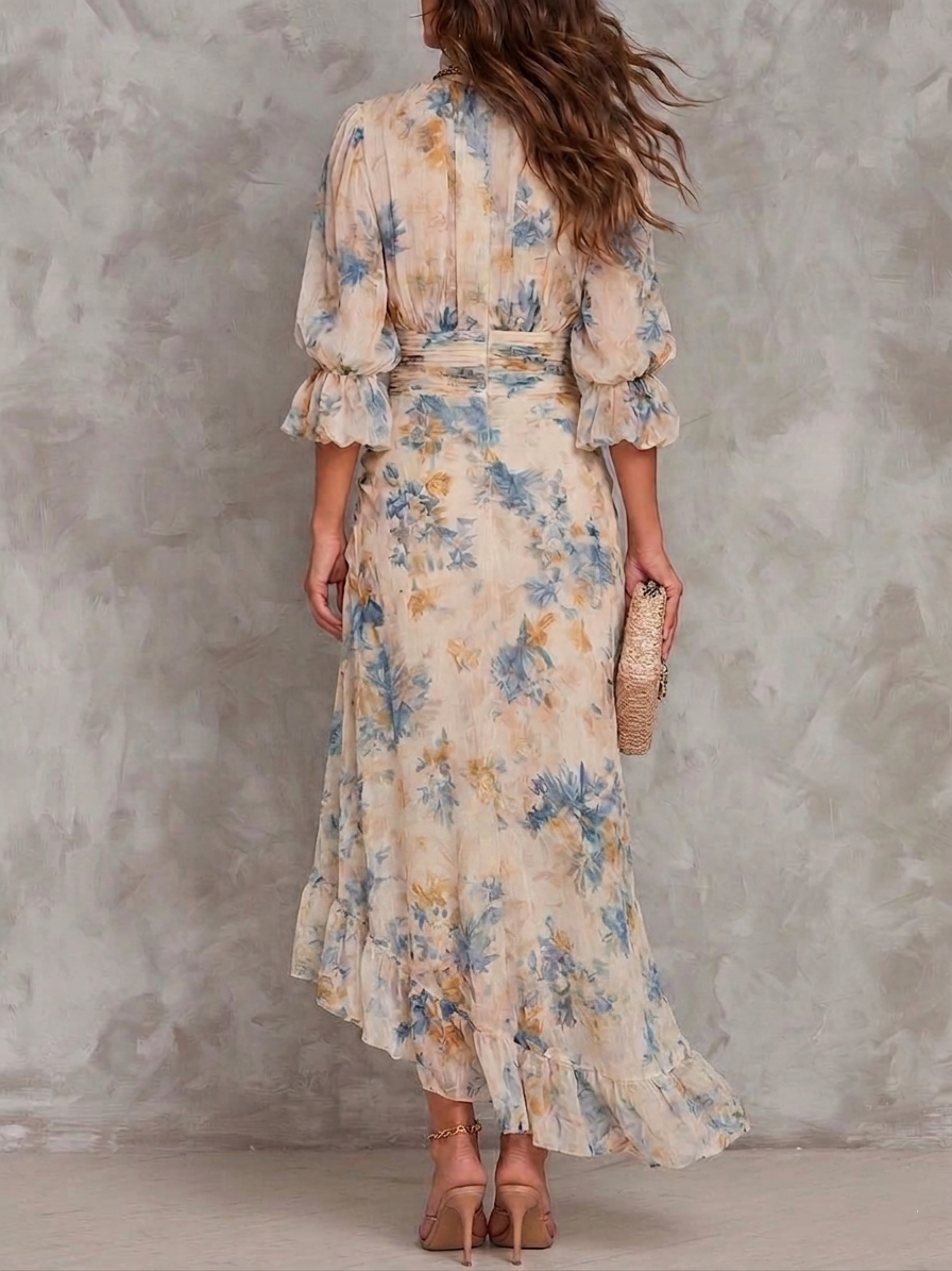 Irregular Chiffon Maxi Dress with Floral Print and High Neck Beige