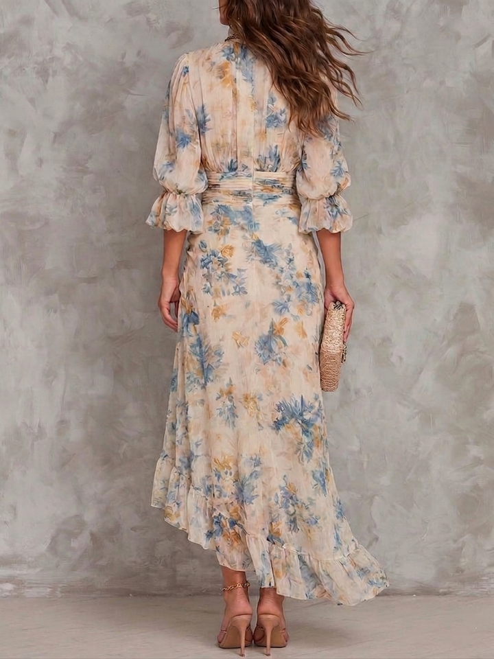 Irregular Chiffon Maxi Dress with Floral Print and High Neck Beige
