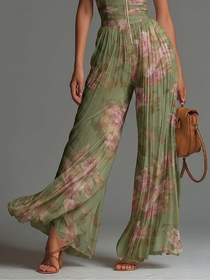 Green Floral Chiffon Jumpsuit with Sleeveless Design, Zipper, and Wide Leg Pleats