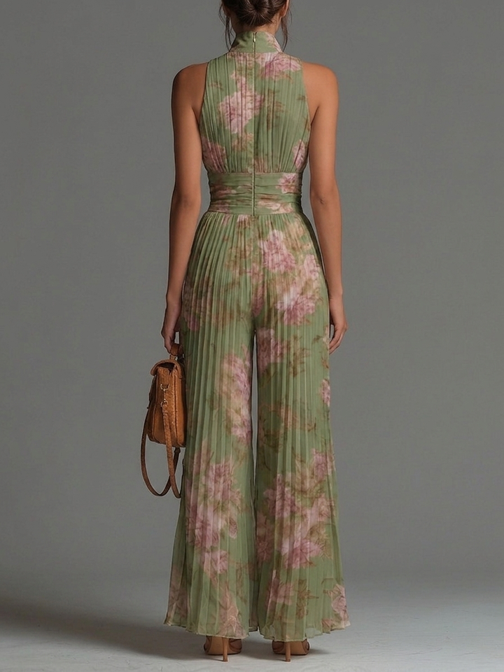 Green Floral Chiffon Jumpsuit with Sleeveless Design, Zipper, and Wide Leg Pleats