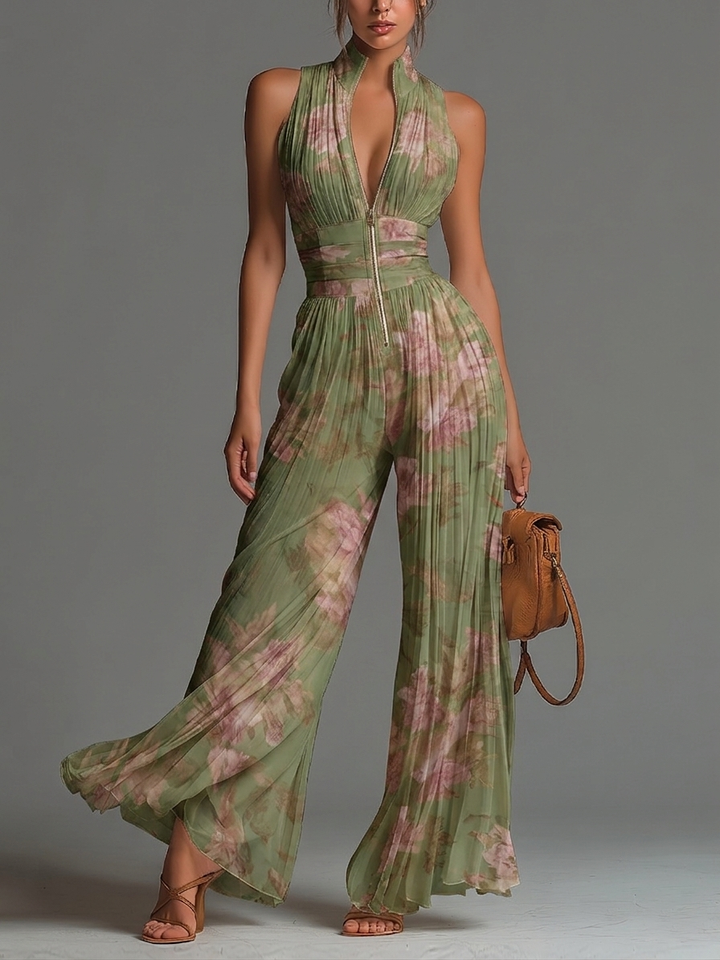 Green Floral Chiffon Jumpsuit with Sleeveless Design, Zipper, and Wide Leg Pleats