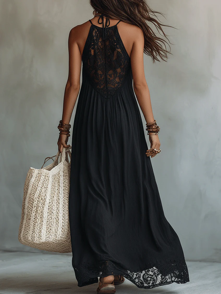 Black Maxi Dress Without Sleeves with Bohemian Lace