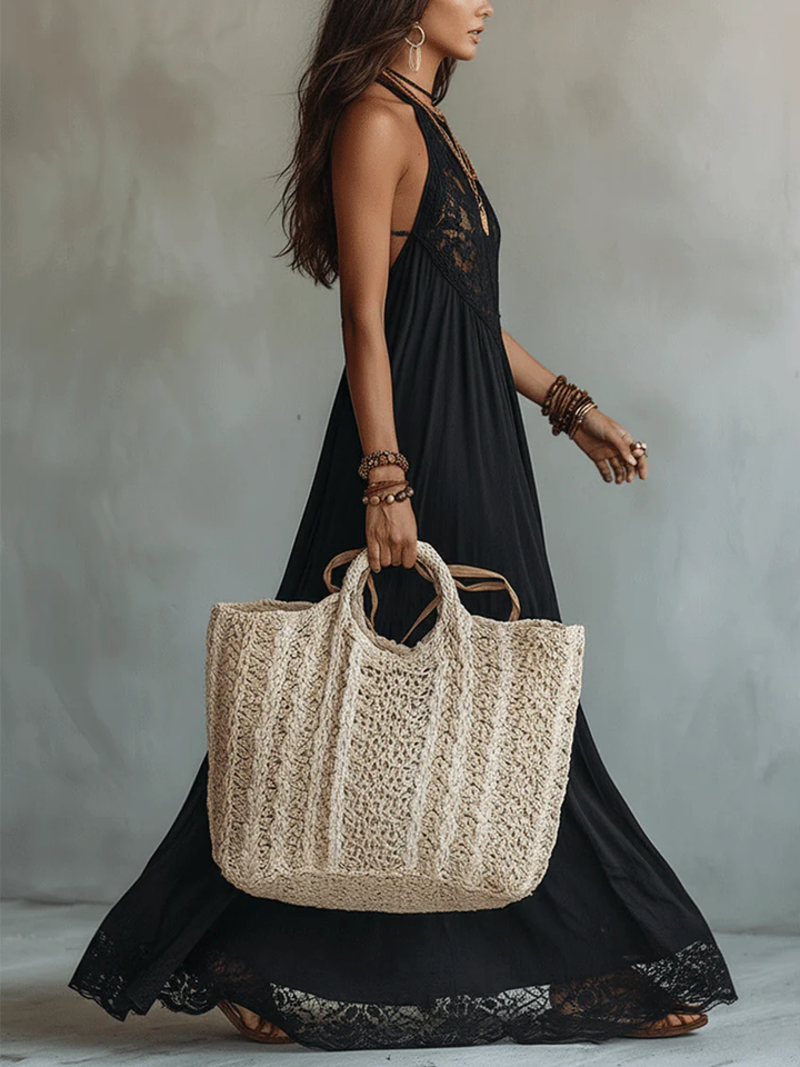 Black Maxi Dress Without Sleeves with Bohemian Lace