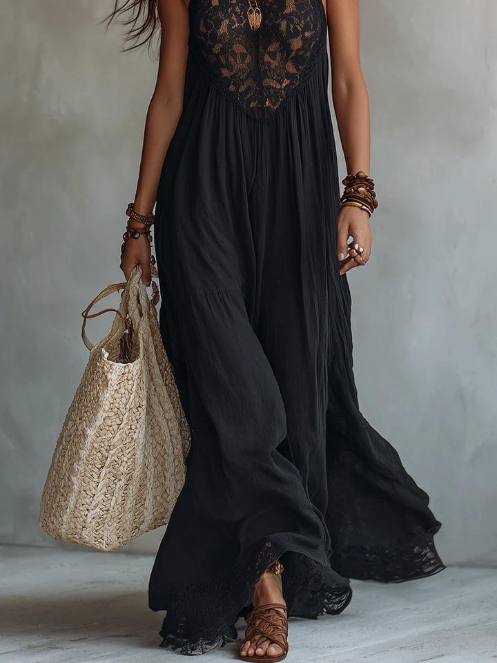 Black Maxi Dress Without Sleeves with Bohemian Lace