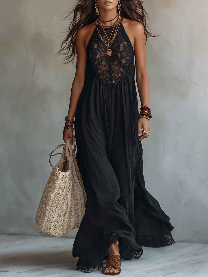 Black Maxi Dress Without Sleeves with Bohemian Lace