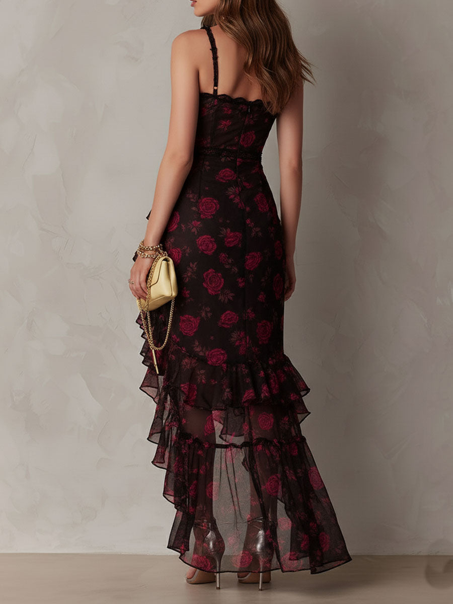 Chic Black and Red Dress with Flowers and Ruffles at the Bottom