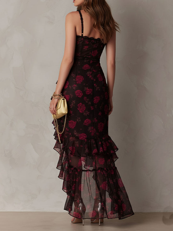 Chic Black and Red Dress with Flowers and Ruffles at the Bottom