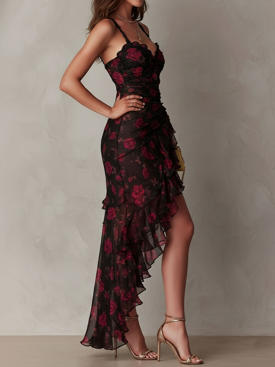 Chic Black and Red Dress with Flowers and Ruffles at the Bottom