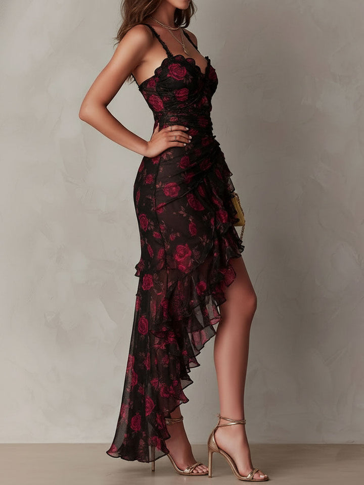 Chic Black and Red Dress with Flowers and Ruffles at the Bottom