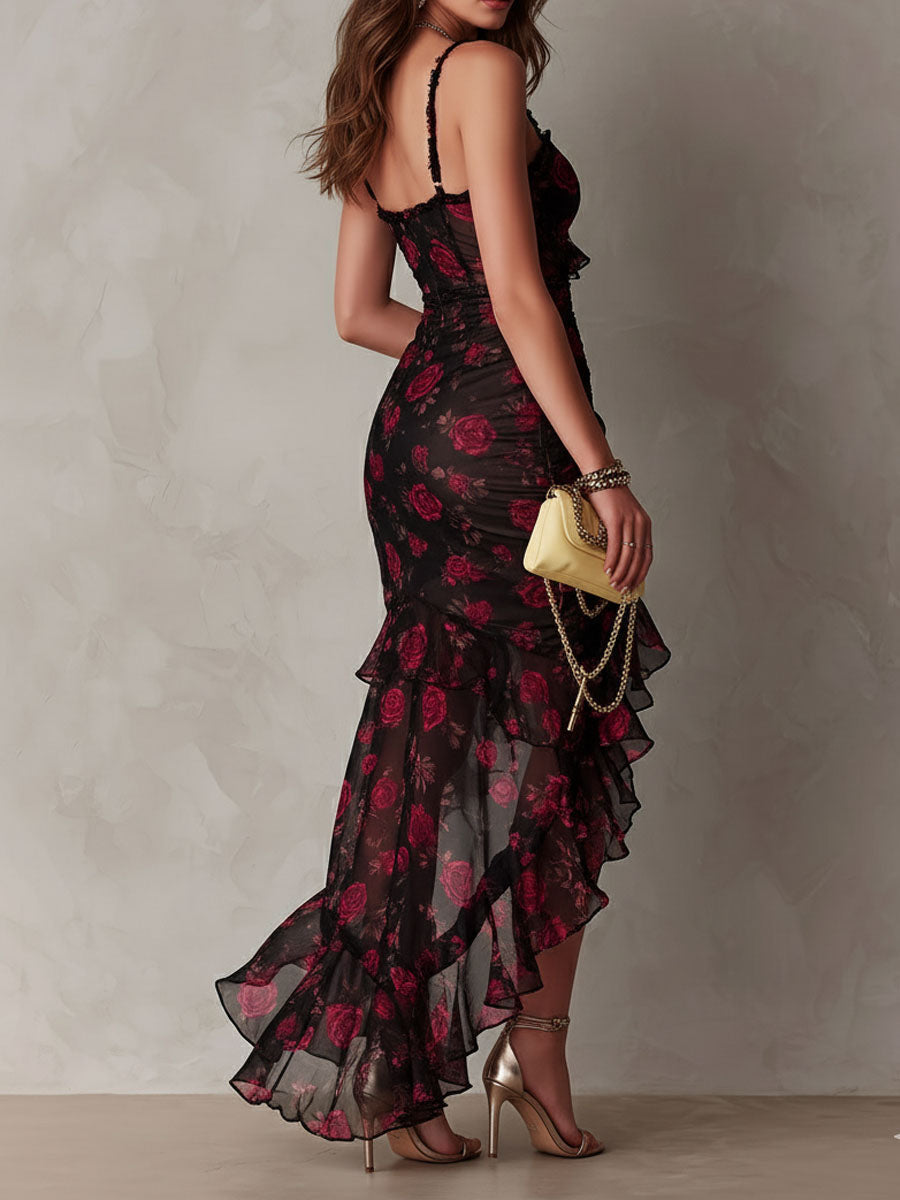 Chic Black and Red Dress with Flowers and Ruffles at the Bottom