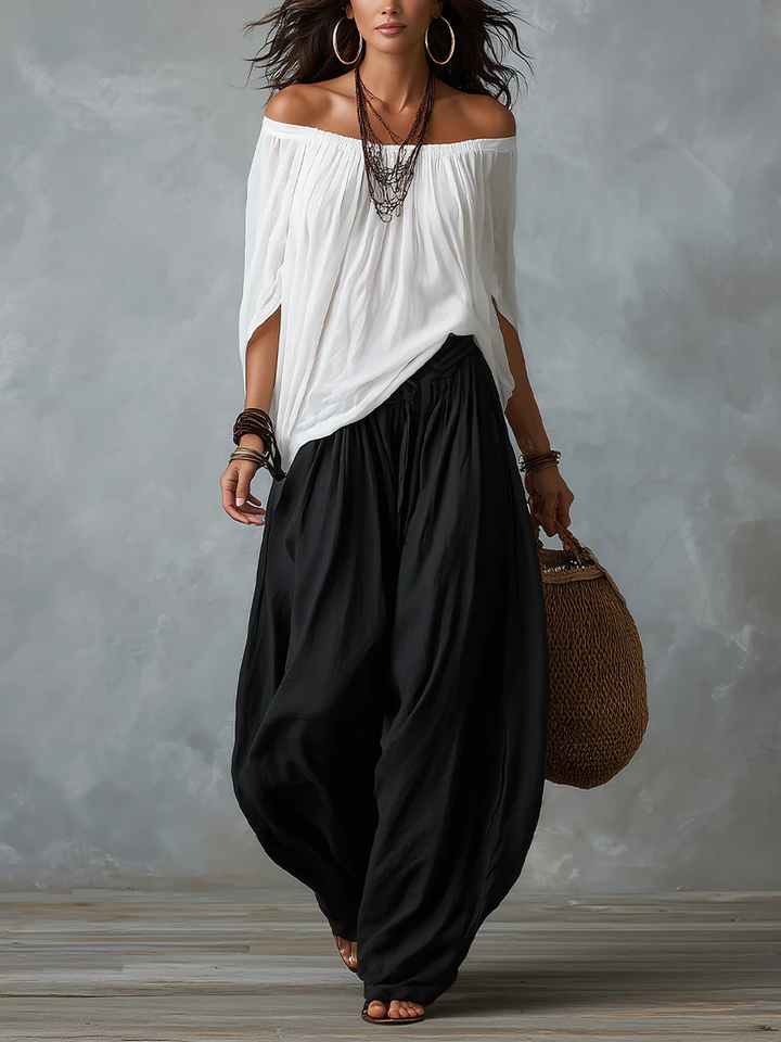 White Off-the-Shoulder Top and Wide Lantern Pants Set