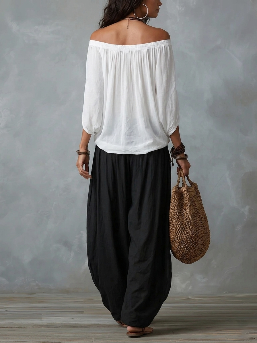 White Off-the-Shoulder Top and Wide Lantern Pants Set
