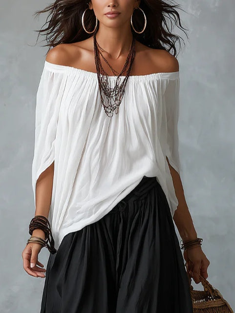 White Off-the-Shoulder Top and Wide Lantern Pants Set