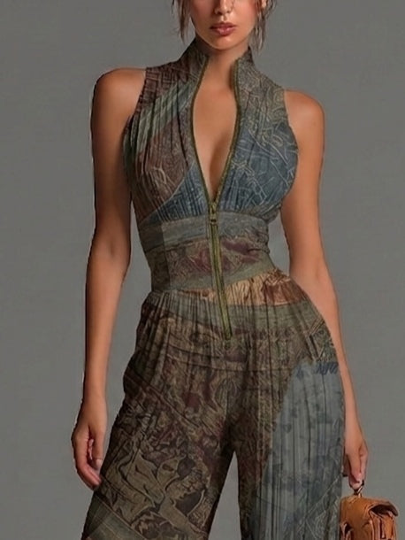 Sleeveless Chiffon Jumpsuit with Bohemian Ethnic Print, Zip, and Pleated Wide Leg Pants