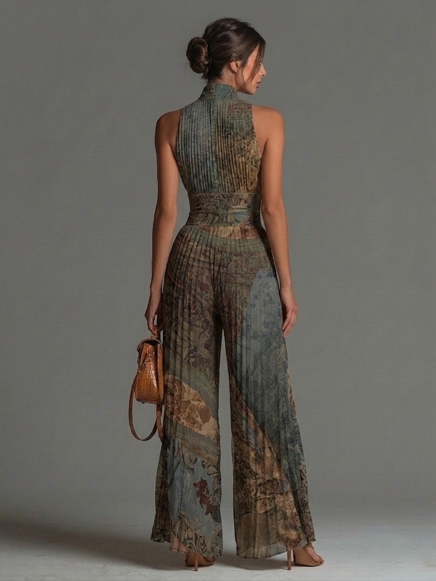 Sleeveless Chiffon Jumpsuit with Bohemian Ethnic Print, Zip, and Pleated Wide Leg Pants