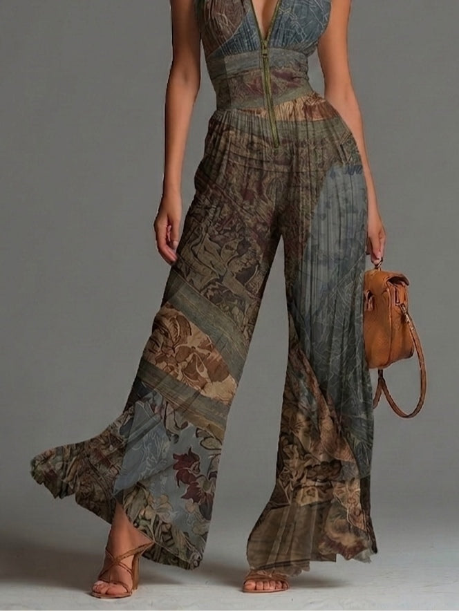 Sleeveless Chiffon Jumpsuit with Bohemian Ethnic Print, Zip, and Pleated Wide Leg Pants
