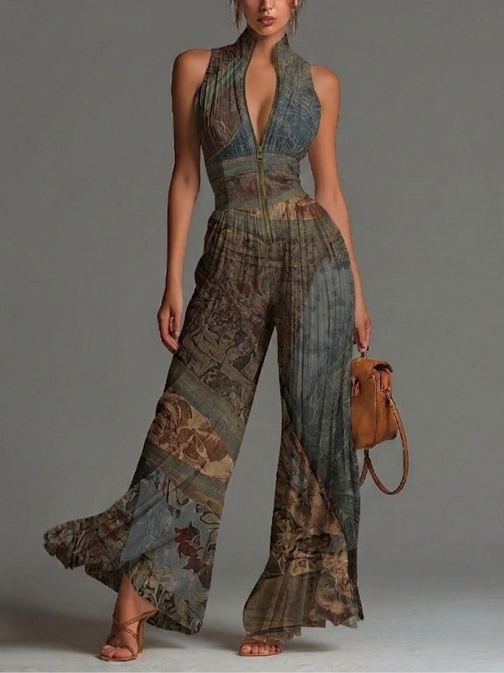 Sleeveless Chiffon Jumpsuit with Bohemian Ethnic Print, Zip, and Pleated Wide Leg Pants
