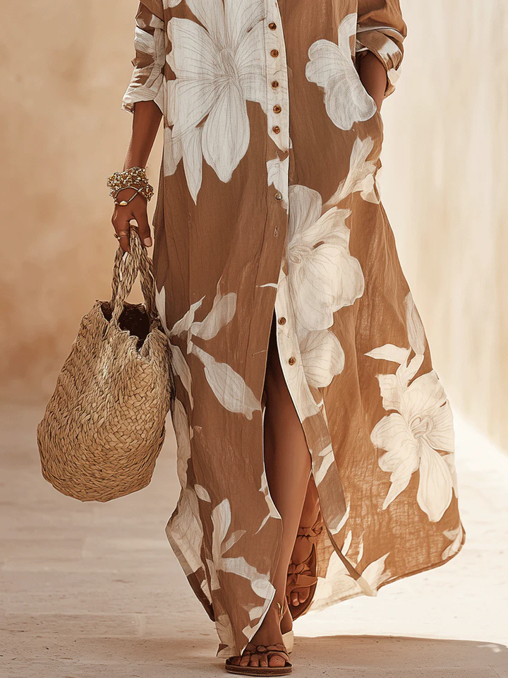 Effortless Brown Floral Shirt Maxi Dress for Women with Button Down Collar Flowing Style