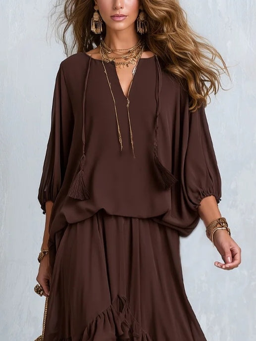 Effortless Brown Wrap Maxi Dress for Women with V-Neck Tiered Ruffle Hem