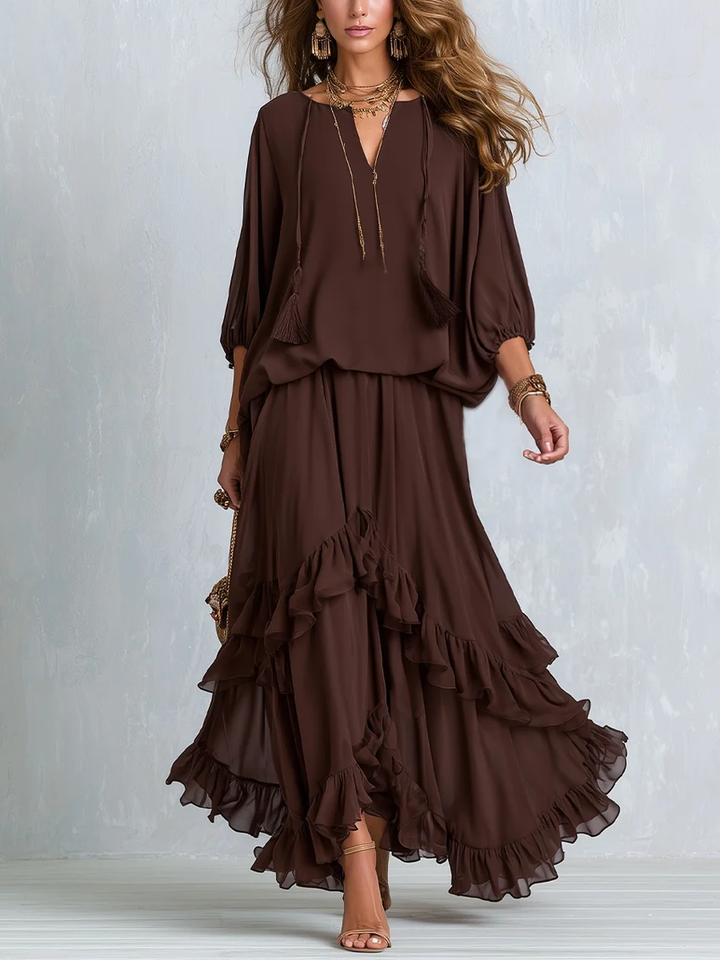 Effortless Brown Wrap Maxi Dress for Women with V-Neck Tiered Ruffle Hem