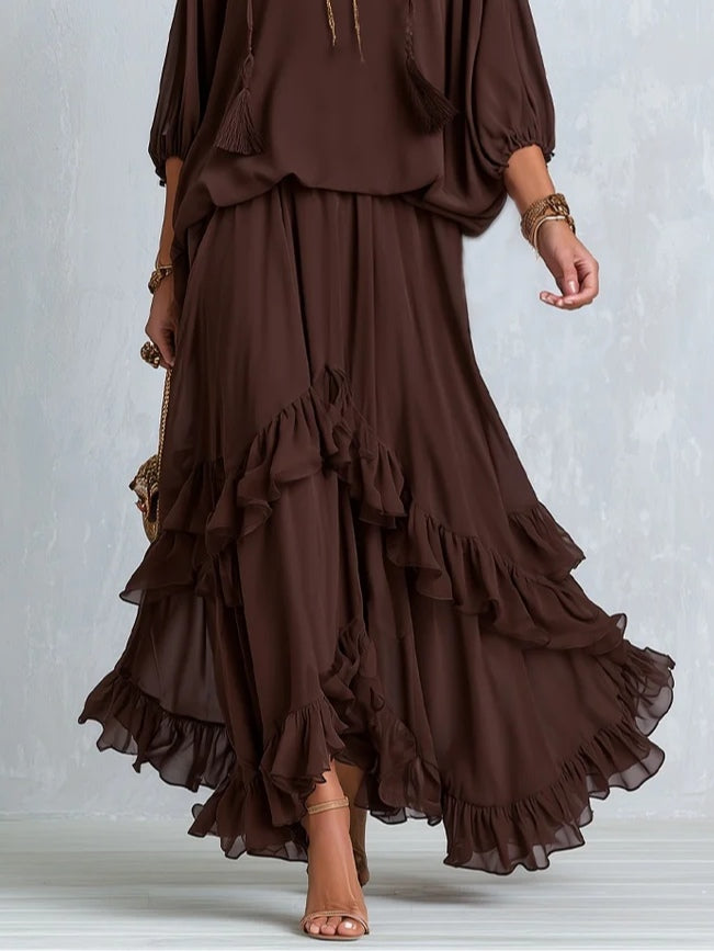 Effortless Brown Wrap Maxi Dress for Women with V-Neck Tiered Ruffle Hem
