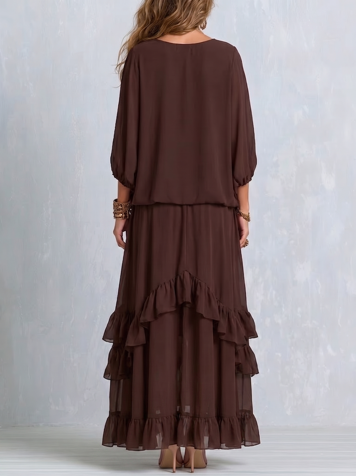 Effortless Brown Wrap Maxi Dress for Women with V-Neck Tiered Ruffle Hem