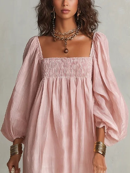 Elegant Pink Linen Maxi Dress with Square Neck Balloon Sleeve Smocked Bodice Wedding Guest