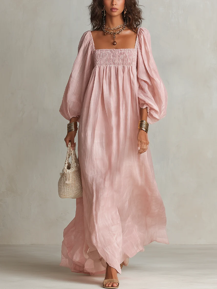 Elegant Pink Linen Maxi Dress with Square Neck Balloon Sleeve Smocked Bodice Wedding Guest