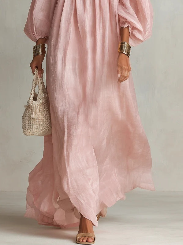 Elegant Pink Linen Maxi Dress with Square Neck Balloon Sleeve Smocked Bodice Wedding Guest