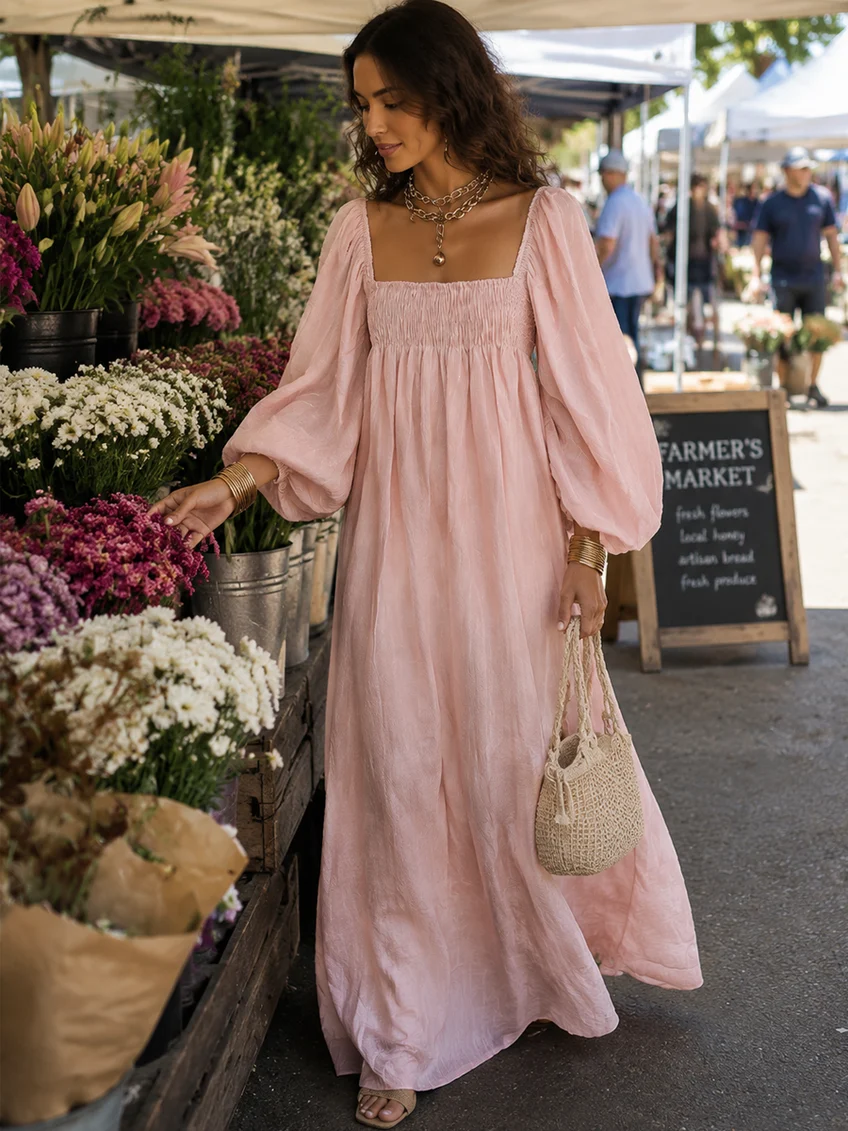 Elegant Pink Linen Maxi Dress with Square Neck Balloon Sleeve Smocked Bodice Wedding Guest