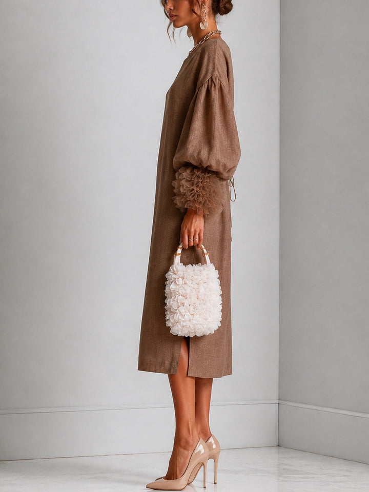 Elegant Brown Linen Midi Dress with Round Neck Balloon Sleeve Ruffle Cuff Wedding Guest